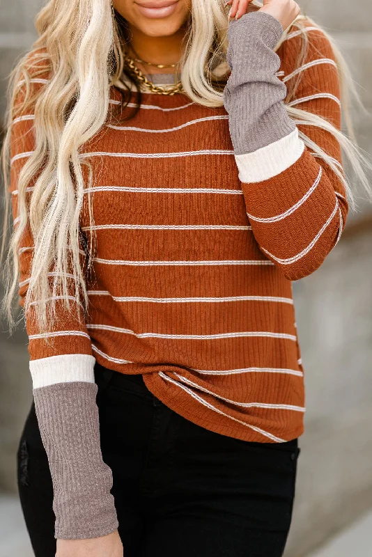 Brown Contrast Spliced Colorblock Cuffed Rib Knit Top