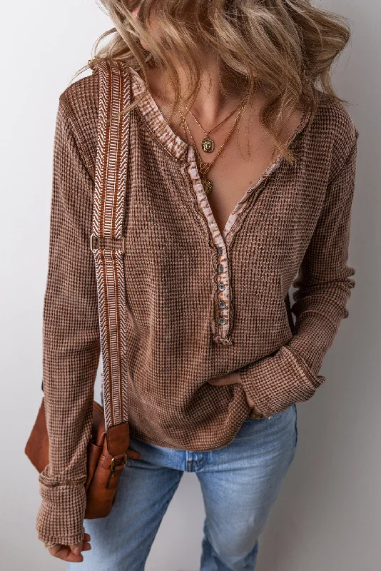 Coffee Patchwork V Neck Waffle Knit Top