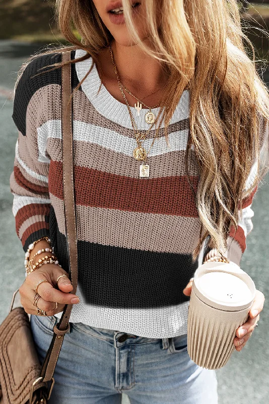 Camel Ribbed Round Neck Color Block Knitted Sweater