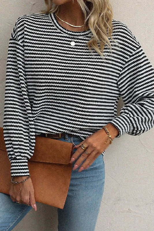 Black Striped Round Neck Drop Shoulder Long Sleeve Top