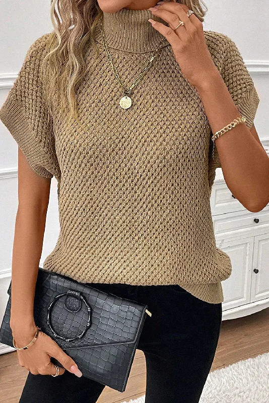 Khaki Ribbed Turtleneck Textured Short Sleeve Sweater