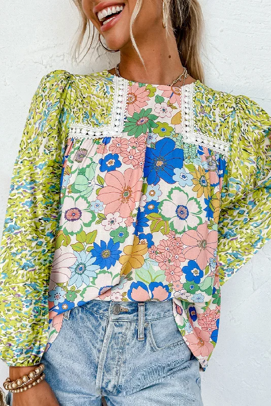 Green Bubble Sleeve Lace Detail Mixed Floral Blouse