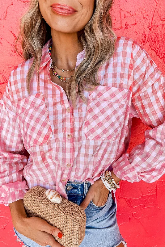 Pink Gingham Print Chest Pockets Buttoned Shirt