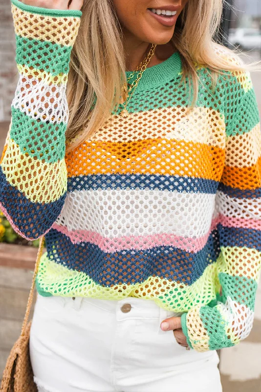 Green Colorblock Striped Hollow Knitted Top