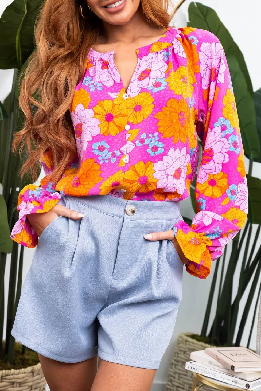 Rose Flower Print V Neck Relaxed Sleeve Blouse