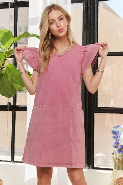 Mineral Washed V-Neck Ruffled Cap Sleeve Dress