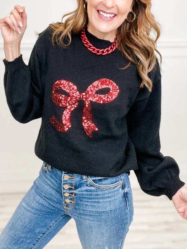 Sequin Ribbon Bow Embroidered Sweater Top