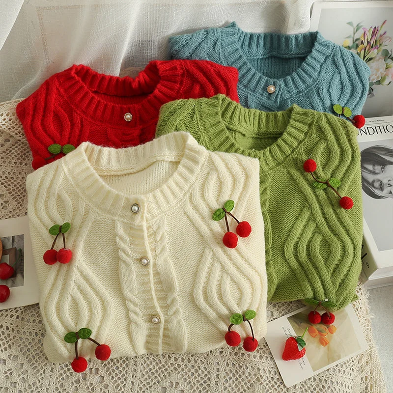 Cherry Pom Pom Cropped Cardigan (4 Colors)