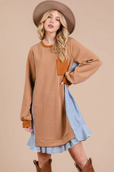 Striped Patchwork Round Neck Terry Sweatshirt Dress