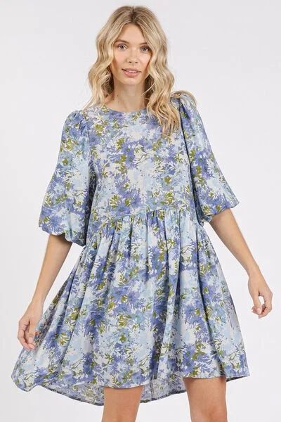 Flower Print Linen Blend Babydoll Mini Dress