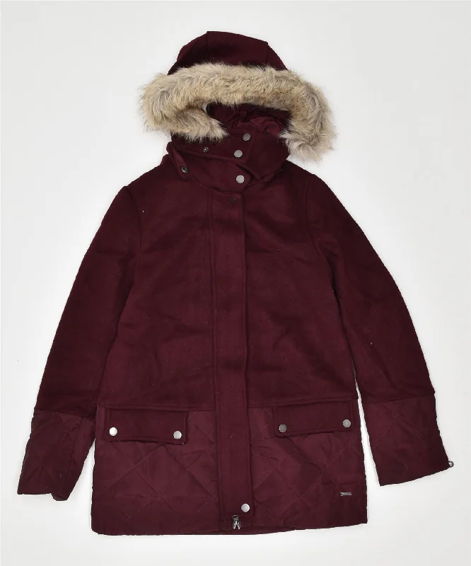 JOULES Womens Hooded Parka Jacket UK 6 XS Burgundy Polyester