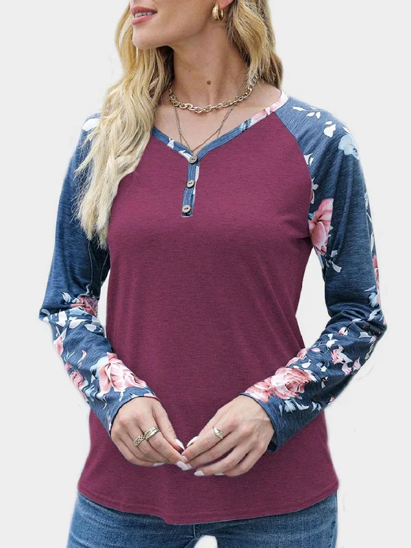 V-Neck Floral Long Sleeve T-Shirt