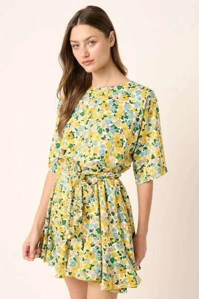 Floral Tie Waist Half Sleeve Mini Dress