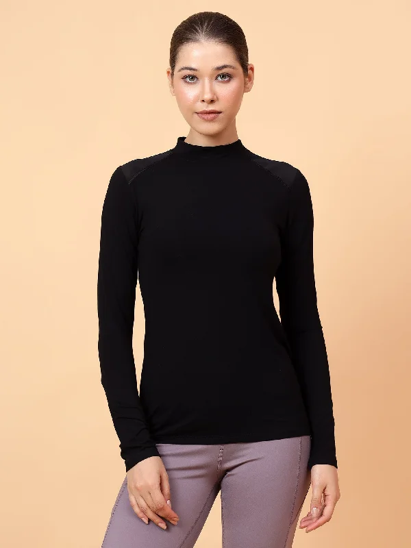 Fitkin Women Black Shoulder Net Panel Tshirt