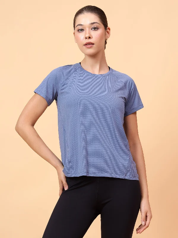 Fitkin Women Blue Self Stripe Round Neck Tshirt