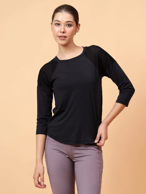 Fitkin Women Black Back Mesh Panel 3/4 Sleeve Tshirt