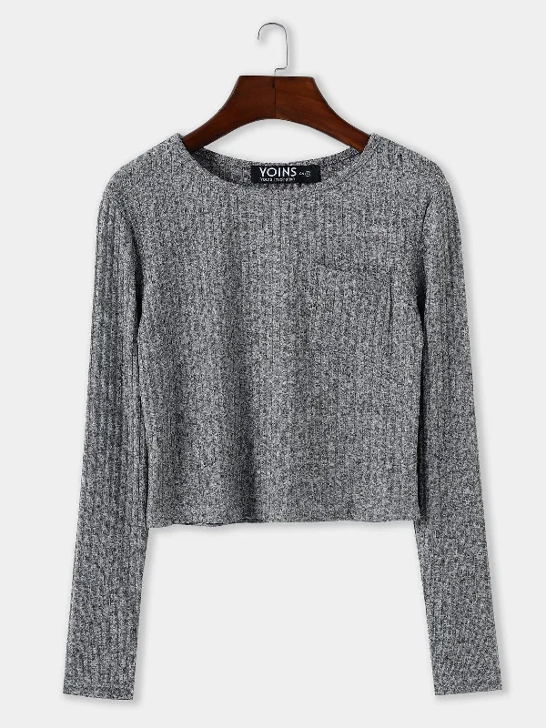 Custom Pocket Design Round Neck Long Sleeves Knitted Top