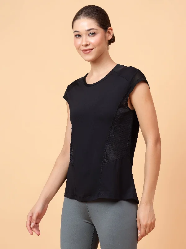 Fitkin Women's Black Solid Side Mesh Training Top