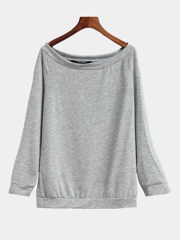 Custom Off The Shoulder Long Sleeve Light Grey T-Shirts