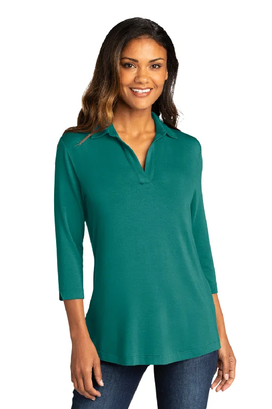 Port Authority Womens Luxe Knit 3/4 Sleeve Polo Shirt - Teal Green