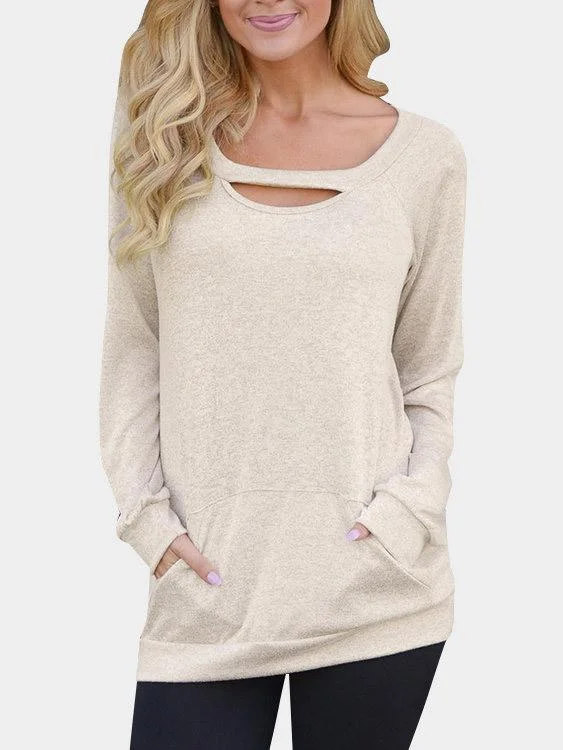 Wholesale Round Neck Cut Out Long Sleeve Khaki Top