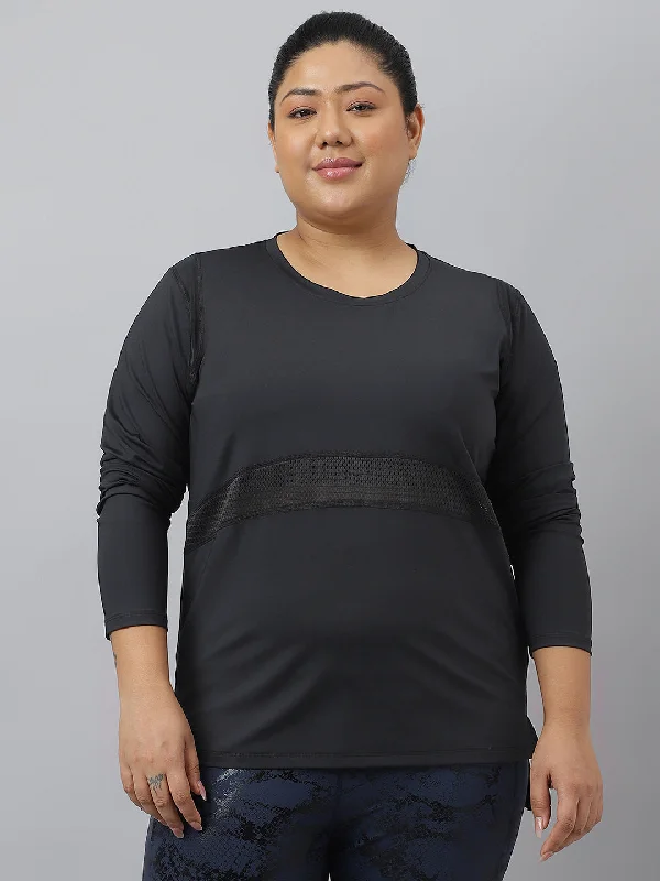 Fitkin Plus Size Black Anti-Odor Mesh Panel Longsleeve Tshirt