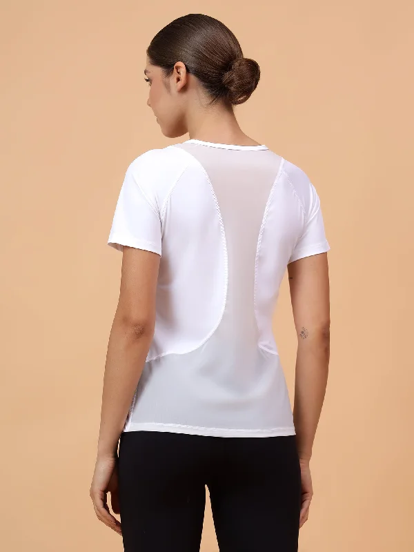 Fitkin Women White Solid Back Mesh Panel Tshirt