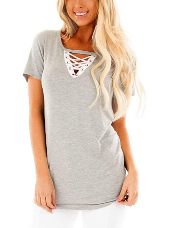 Wholesale Causal V-Neck Lace-up T-shirt