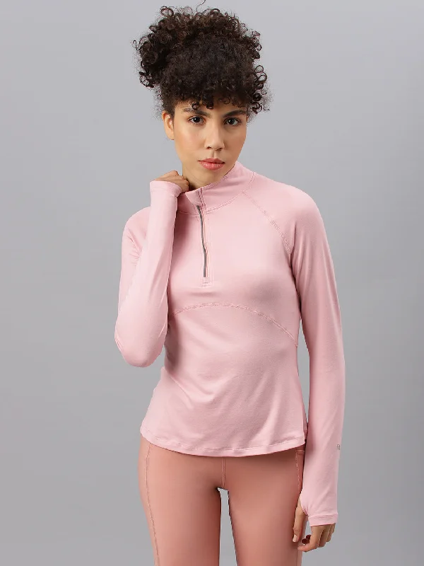 Fitkin women's nude pink high neck front zipper full sleeves t-shirt