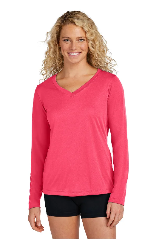 Sport-Tek Womens Competitor Moisture Wicking Long Sleeve V-Neck T-Shirt - Hot Coral Pink