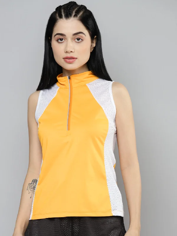 Fitkin Women Yellow & White Colourblocked High Neck T-shirt