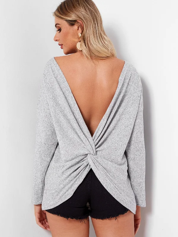 OEM ODM Round Neck Crossed Front Backless Long Sleeve Grey Top