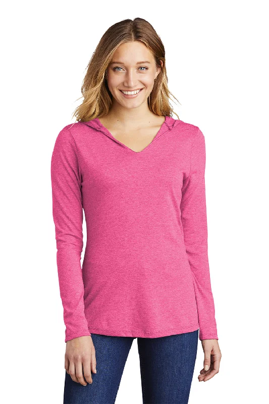 District Womens Perfect Tri Long Sleeve Hooded T-Shirt Hoodie - Fuchsia Pink Frost