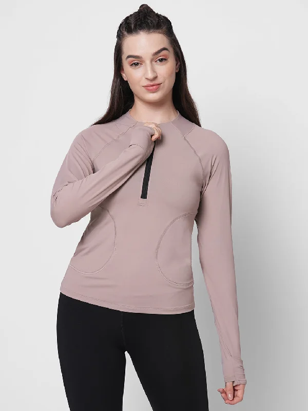 Fitkin women front zipper long sleeve tshirt with front pockets