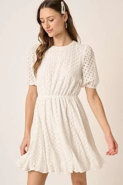 Eyelet Round Neck Puff Sleeve Mini Dress