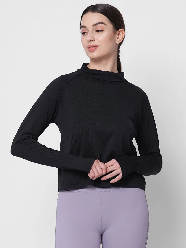 Fitkin women black self design turtle neck long sleeve top