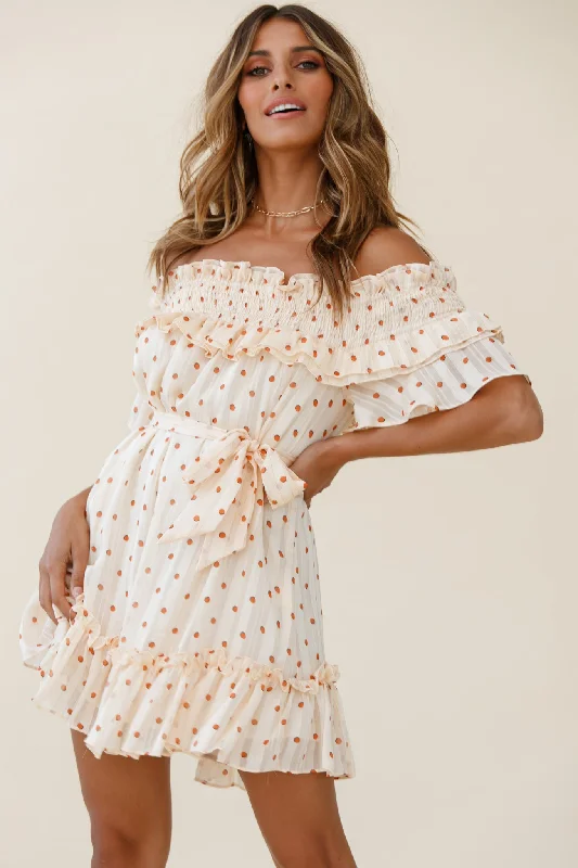 Rita Shirred Off-Shoulder Dress Polka Dot Print Beige