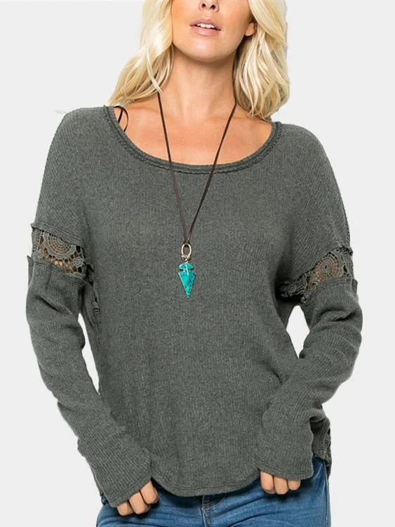 Wholesale Round Neck Lace Hollow Long Sleeve Grey Top