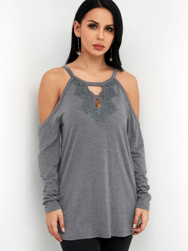 Custom Round Neck Cold Shoulder Plain Lace Cut Out Tie-Up Long Sleeve Grey T-Shirts