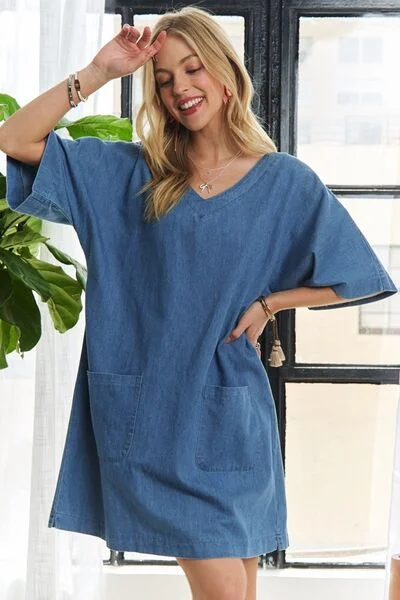 V-Neck Half Sleeve Mini Denim Dress