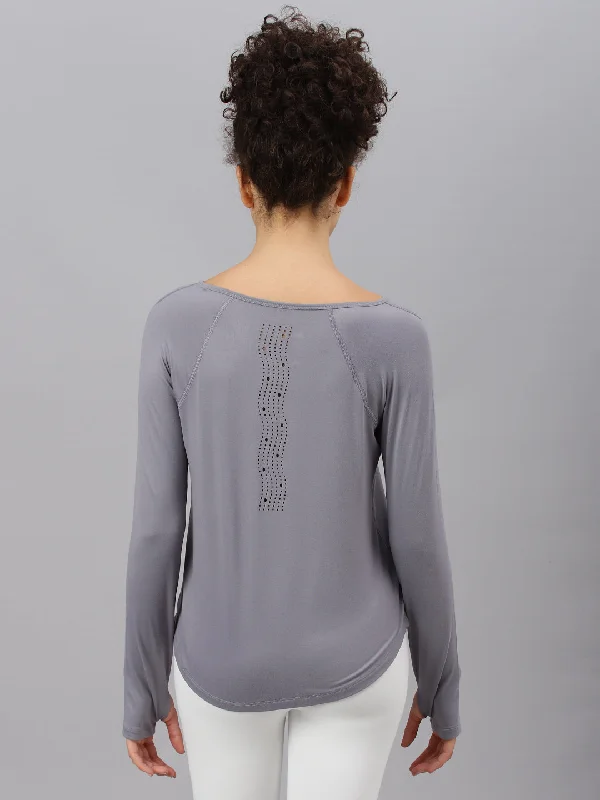 Fitkin women's grey round neck back laser cut design full sleeves t-shirt