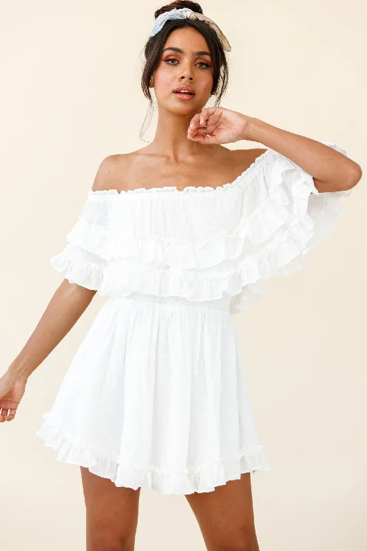 Meet Me At Sunset Bardot Neckline Frill Trim Dress Spotty White