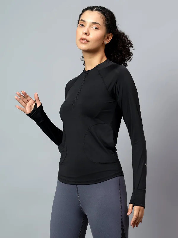 Fitkin Women's Black 1/4 Front Zip Long Sleeve Training Tshirt