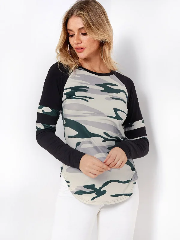 Custom Round Neck Camouflage Slit Long Sleeve Curved Hem T-Shirts