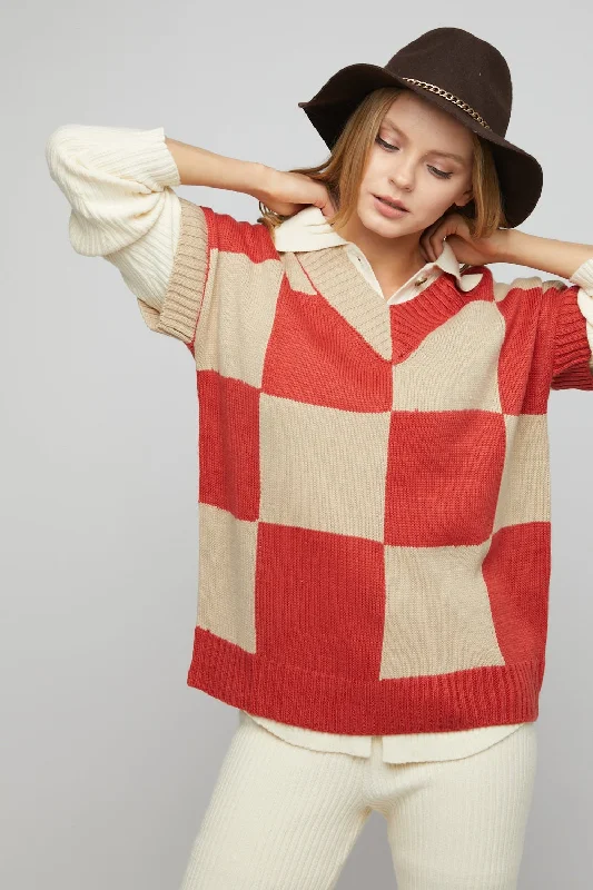 CHECKERED PATTERN V NECK SWEATER