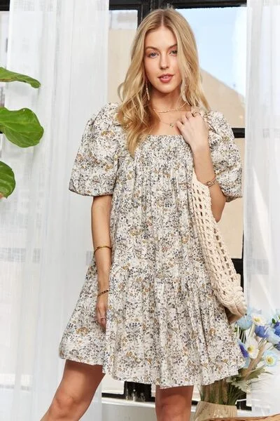 Floral Square Neck Puff Sleeve Dress