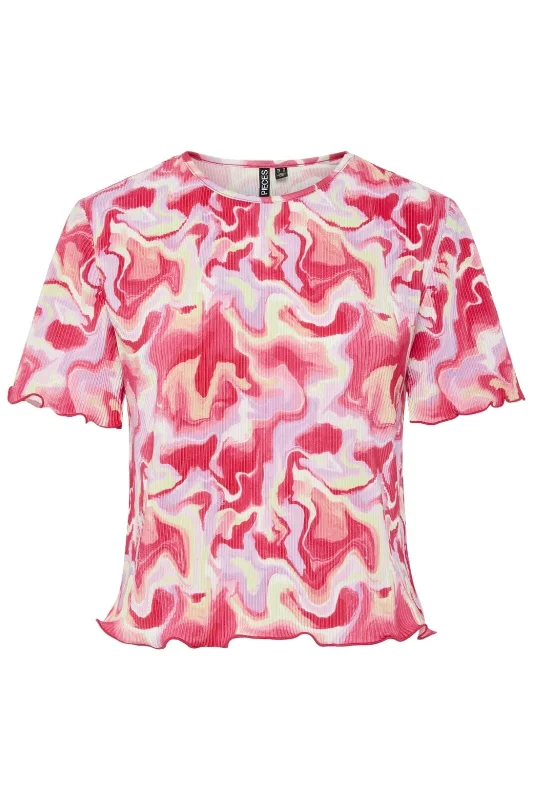 Pieces - Pcmuna Ss Top Pb - 4553350 Hot Coral Abstract