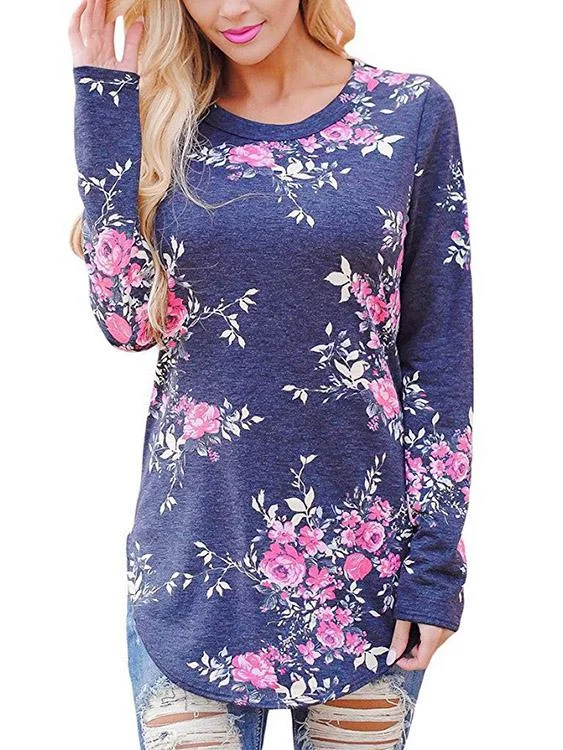 Custom Round Neck Floral Print Long Sleeve Curved Hem T-Shirt