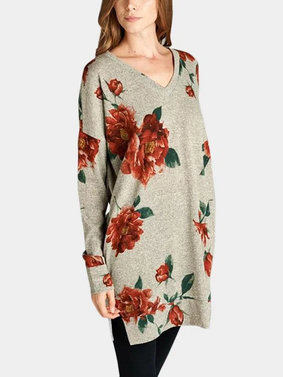 Custom V-Neck Floral Print Side Pockets Long Sleeve Slit Hem Khaki T-Shirts