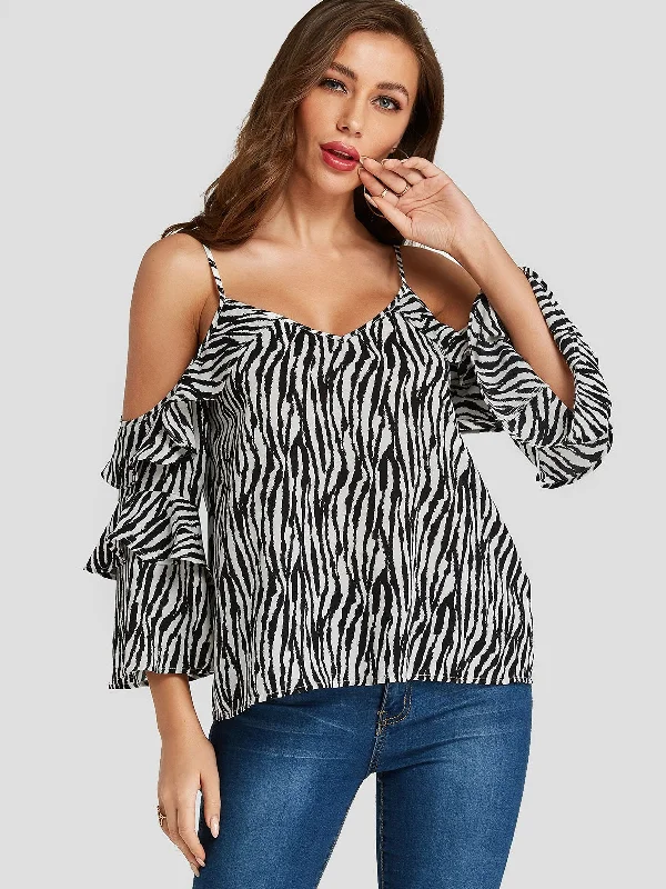 Custom Cold Shoulder Zebra Long Sleeve T-Shirts